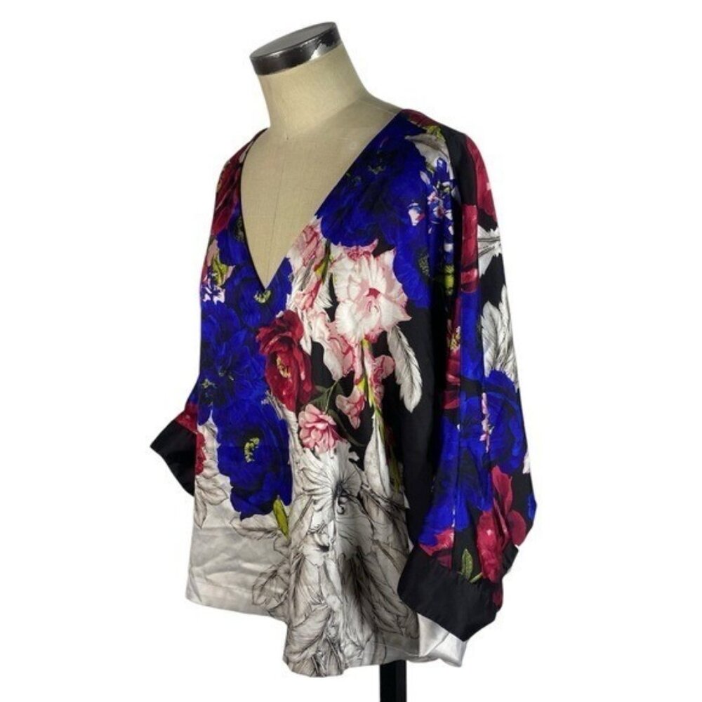 White House Black Market Kimono Sleeve Satin Blouse Large Black Blue White Pink - Picture 5 of 12